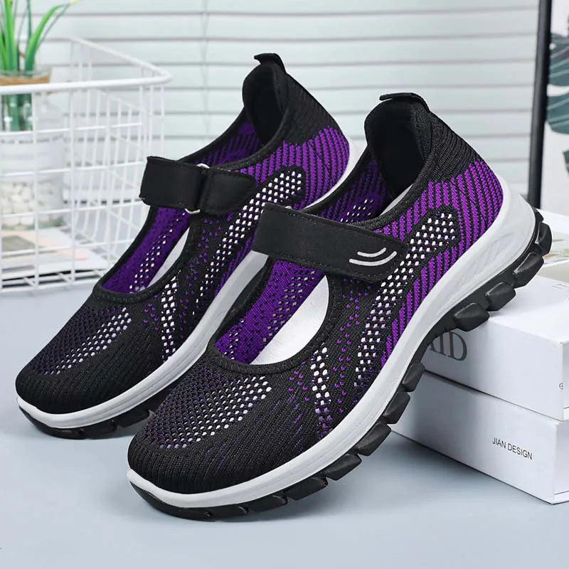 Summer Ladies Breathable Mesh Sport Shoes Lightweight Velcro Slip On Thick Sole Non Slip Elderly Women Walking Casual Sneakers