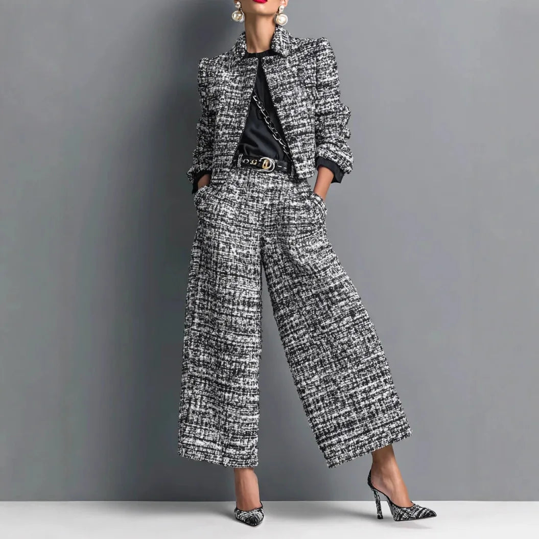 Fashionable Commuter Women's Suit Casual Solid Color Lapel Cardigan Short Jacket Paired With Loose Wide-leg Pants Two-piece Set