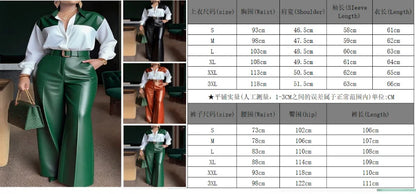 Two Piece Set Women Outfit 2026 Spring New Temperament Commuter Turn-Down Collar Long Sleeve Shirt & Leather Wide Leg Pants Set