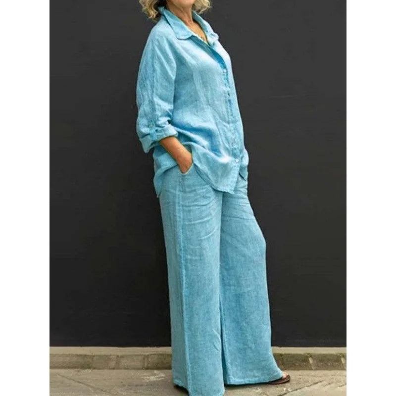 Solid Color Linen Two Piece Sets Women Outfits Spring Autumn Simple Long Sleeve Shirt Loose Trousets Set Office Casual Suit