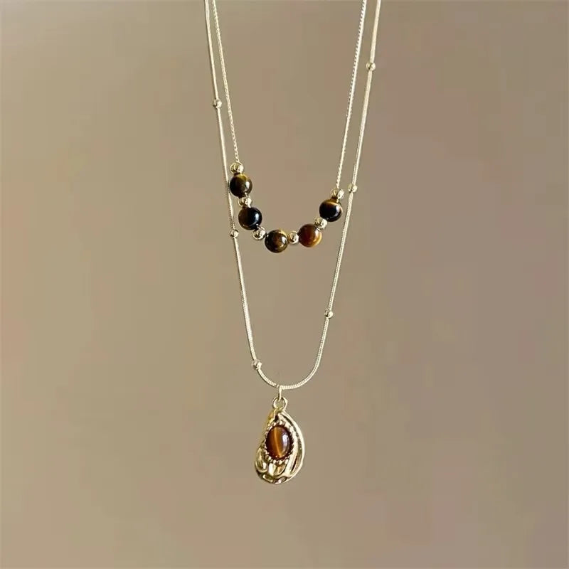 Vintage Leather Brown Stone Sun Pendant Beaded Choker Clavicle Chain Necklace For Women Unique Y2K Personalized Grunge Jewelry