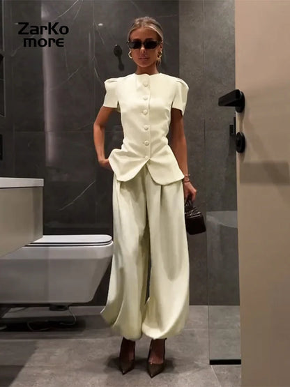 Casual Women's Waist Cinched Blazer Pants Set O-neck Puff Sleeve Shirts Loose Lantern Pant 2026 Summer Lady Chic Commute Suit