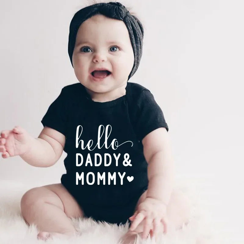 Hello Daddy Mommy Newborn Baby Bodysuit Pure Cotton Short Sleeve Summer Jumpsuit Cute Baby Onesie