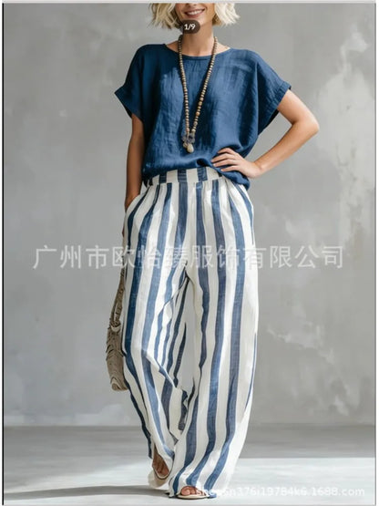 Fashion Linen Printed Striped Trousers Short-sleeved Women 2piece Set Summer New Retro Loose Wide-leg Trousers Female Casual Set