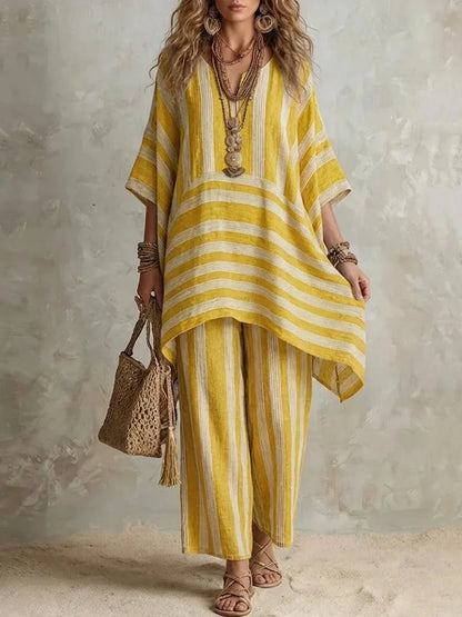 2026 New Women's Two Piece Spring/Summer Fashion V-neck Loose Striped Casual Set