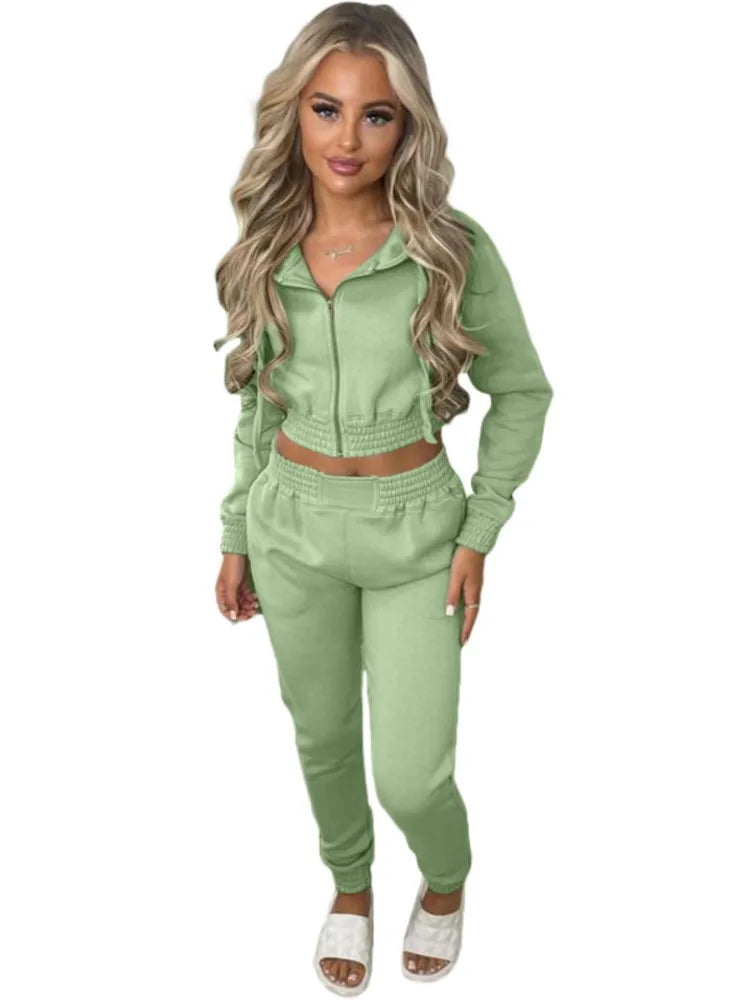 Fleece Hooded Sweatshirt Short Hooded Women's Suit Autumn Winter New Casual Zipper Hoodie Sports Jogging Pants Female 2piece Set
