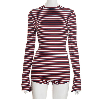 Slim Fit Striped Jumpsuit Women's New 2026 High Neck Long Sleeved Flared Cuffs Elastic Shorts Burgundy White Striped Casual Wear