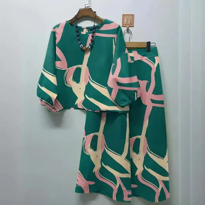 Print Suit Women Two Piece Pant Sets Long Sleeve Round Neck Tops Shirt Wide Leg Pants Loose Elegant Lady Bohemian Suits