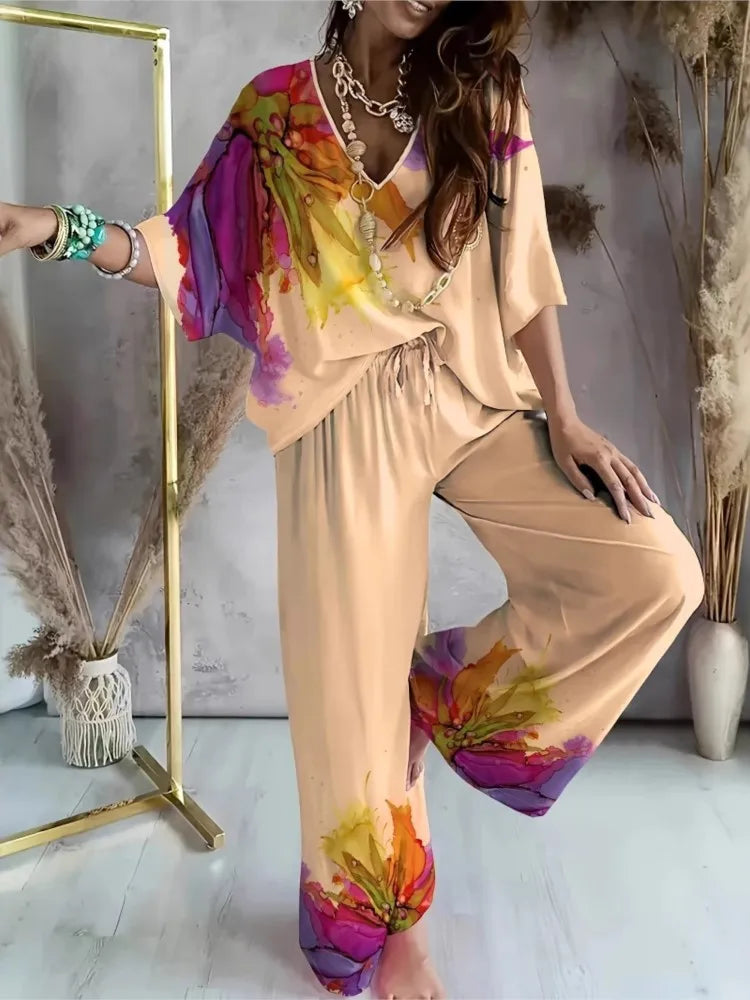 Autumn Print Two-Piece Set Women V-neck Bat Sleeve Set Top Casual Loose Lace Wide Legs Pants 2-Piece Suit Family Clothing Female