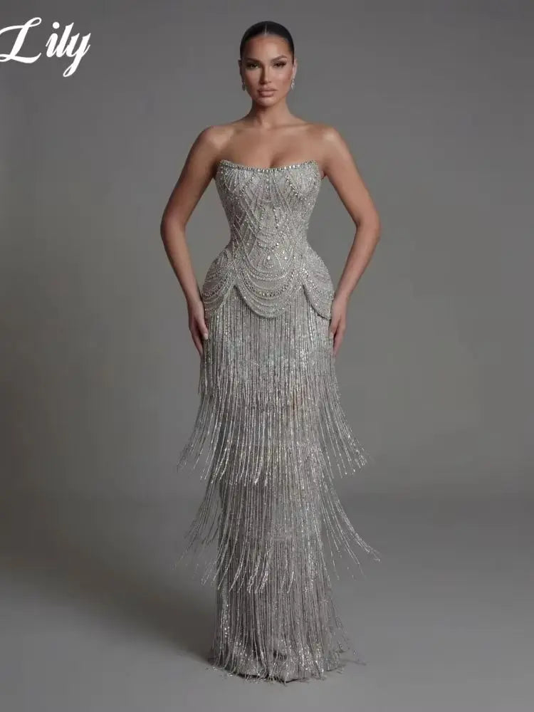 Lily Silver Strapless Prom Dress Beaded Corset with Fringe Skirt Evening Dress Luxury Mermaid Party Dress For Women Customized