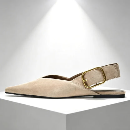 Fashion Metal Buckle Design Flat Sandals Women 2026 New Brown Suede Pointed Toe Slingback Designer Shoes Comfortable Women Shoes