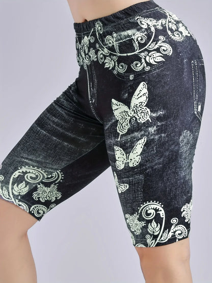Lmitation Denim Leggings For Women Butterfly Waist Fruit Flower Elastic Shorts High Waist Casual