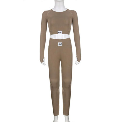 Spring Autumn Black 2 Two Peice Sets Tracksuit Women Outfits Long Sleeve Crop Top Trousers Skinny Sports Yoga Sets Itness Wear
