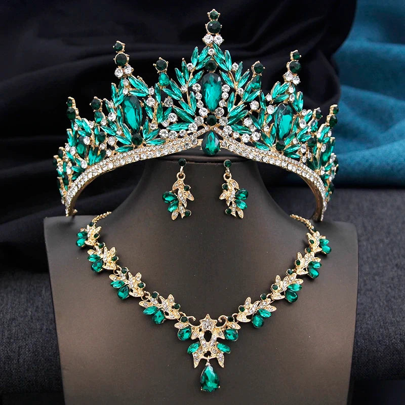 Royal Queen 3 Pcs Tiaras and necklace earrings for Bridal Jewelry Sets Women Brides Wedding Crown Prom Birthday Accessories
