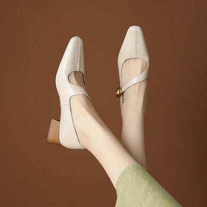2026 New Spring Women Pumps Square Toe Chunky Heel Genuine Leather Women Shoes Shallow Metal Buckle Strap Mary Janes Ladies