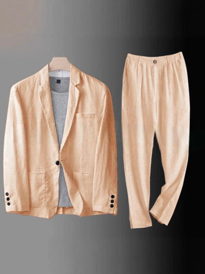 Cotton Linen Men's 2‑Piece Suit Lightweight Slim Fit Breathable Casual Suit Set for Office Wedding Sun Protection