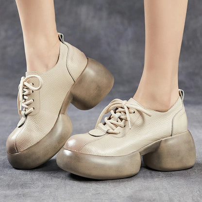 GKTINOO 2026 Spring New Genuine Leather Pumps Thick Soled Women Shoes Retro Comfortable Round Toe Wedges Platform Shoes