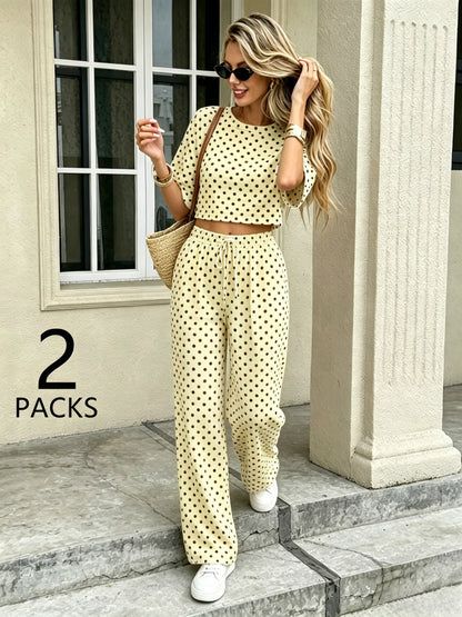 Women Polka Dot 2 Pcs Summer Set Short Sleeve Crop Top Drawstring Wide Leg Pants, Vacation Streetwear Matching Outfits