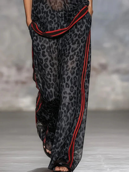 Summer Women's Casual Trousers Set Leopard Print Stripe Contrast Color V-Neck Short-sleeved Top Wide-leg Pants Two-piece Sets