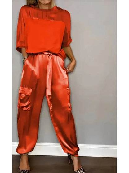 Women's Summer Fashion Solid Satin Two Piece Set Women O Neck Long Sleeved Top Long Pants Casual Loose 2 Piece Set Women Clothes