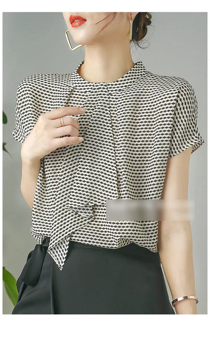 Striped Chiffon Shirt  Women Short-sleeved Fashionable Loose French Chic Feminine Belly Covering Top