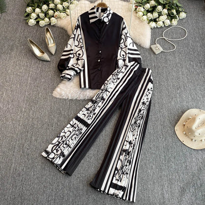 Elegant For Women's Fashion Sets Casual Long Sleeve Shirt Straight Pants Suit Female 2024 Loose Print Tops Two Pieces Outfits