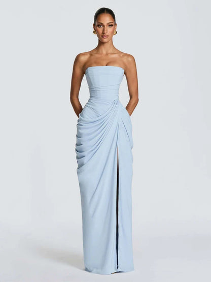 Solid Pleated Strapless Women's Dress Backless Off-shoulder High Waist Split Female Dresses 2026 Sexy Summer Evening Party Gown