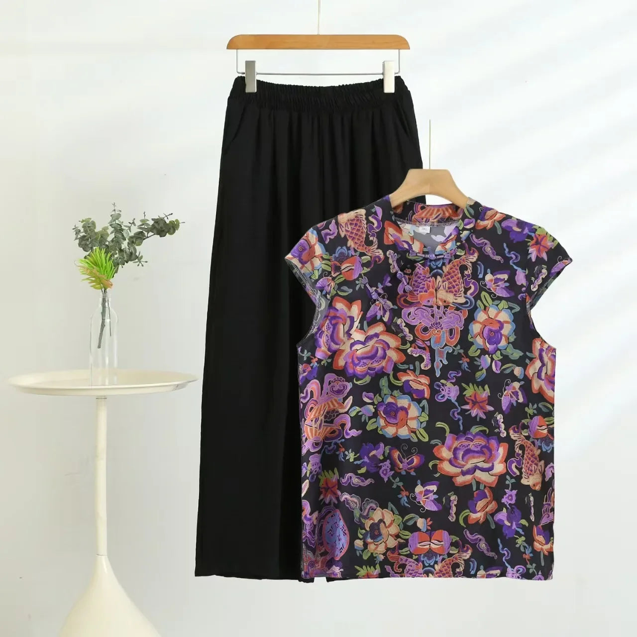 Summer Cotton-silk blend Cheongsam 2 Pcs Set Loose Short Sleeve Frog Closure Tops and Wide leg Pants New Chinese Style Plus size