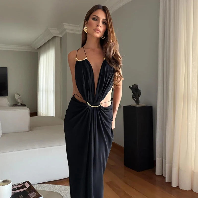 Sexy Backless Party Women's Dress Sleeveless V-neck Slim Maxi Female Vestidos 2026 Fashion Pleated Hollow Out Evening Lady Robe