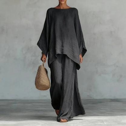 Women's Elegant Loose Round Neck Top Wide Leg Pants Set Casual Simple Long Sleeve Solid Color Two-Piece Set