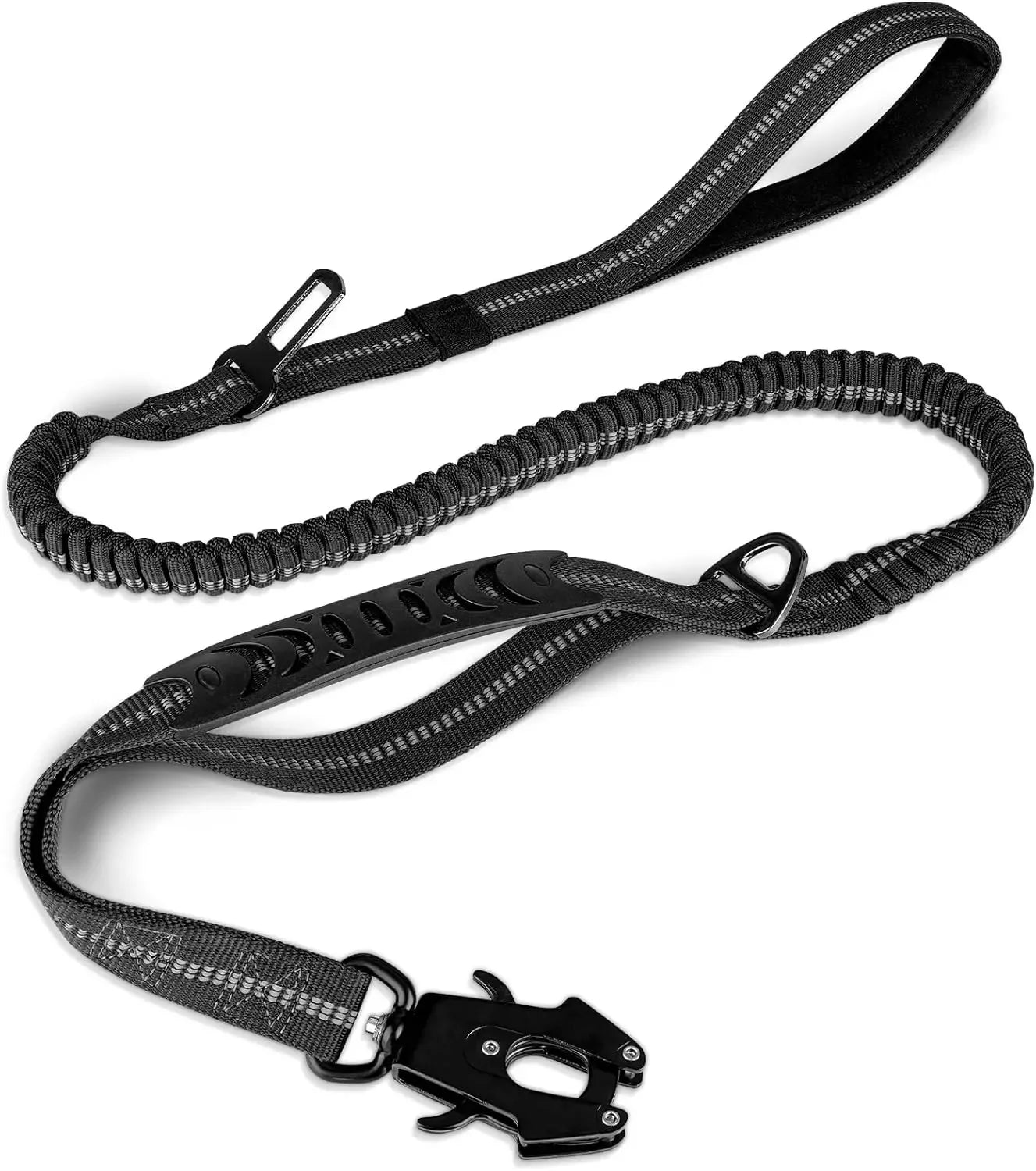 Tactical Dog Leash Heavy Duty, 4-6FT Shock Absorbing Bungee Lead with 2 Padded Handle, Metal Carabiner Clip, Car Seatbelt