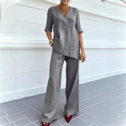 Women's Two-piece Set 2026 Mid-sleeve V-neck Top Straight Pants Spring Summer Women's New Casual Cotton Linen Solid Color Suit