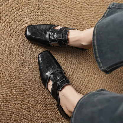 2026 Outside Summer Women Mules Genuine Leather Women Shoes Cover Toe Chunky Med Heel Slippers Concise Modern Slippers Sandals