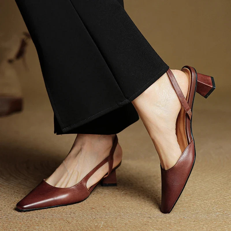 2025 Summer Women Sandals Genuine Leather Women Shoes Cover Toe Slingback Shoes Pointed Toe Med Heel Concise Designer Sandals
