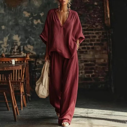 Fashion V Neck Short Sleeve Top Suit Women's Set Spring Summer Loose Blouse Top Wide Leg Trousers Female Vacation 2 Piece Set