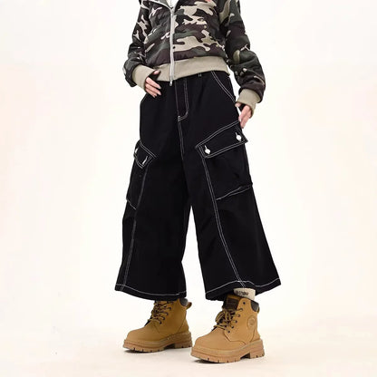 Retro American Washed Multi-Pocket Workwear Denim Shorts Unisex Black Summer Street Loose Seven-Foot Trendy Jeans Cotton