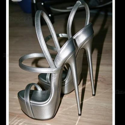 Gold Solid Platform Round Toe Shoes Cut Heel Sandals Women Shoes Ankle Band Spike High Heel Shoes for Girls Zapatos Para Hombres