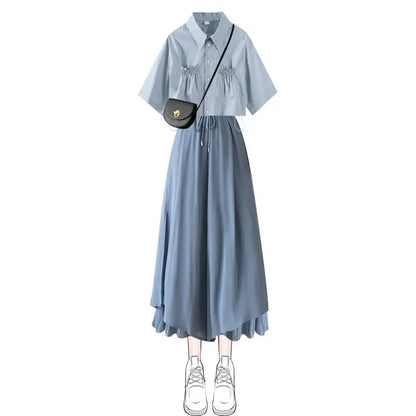 Summer Pantskirt Set for Female Korean Style Loose Short Sleeve Shirt+Casual Wide Leg Pants Fashion Two Piece Sets Women Outfits