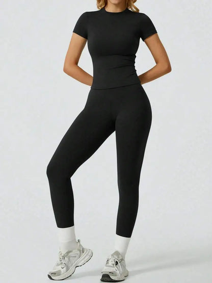 2 Piece Yoga Set Women Short Sleeve Top High Waist Leggings Gym Workout Clothing Tummy Control Fitness Sportswear Activewear Sui