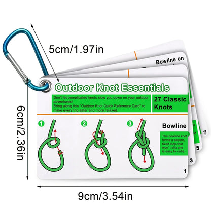 27 Knots Camping Hiking Guide Cards Set, Durable PVC Portable Reference with Carabiner Keychain, for Tent Setup & Outdoor Usage.