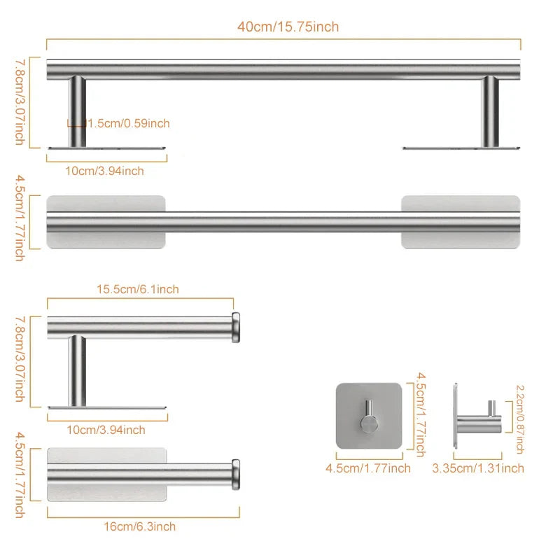 5-Piece Bathroom Hardware Set – Wall-Mounted Accessories Including Towel Bar, Hooks, and Toilet Paper Holder