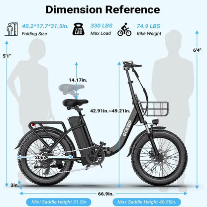 1300W Folding Electric Bike for Adults, 75 Miles PAS Range, 48V13Ah Removable Lithium Battery Front Suspension Electric Bicycle