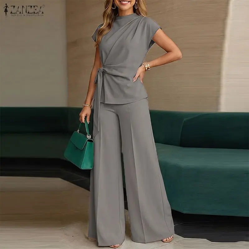 ZANZEA Summer Trousers Suit Short Sleeve Lace-Up Blouse Wide Leg Pant Sets Solid Color OL Work Outfit Fashion Women 2 Piece Sets