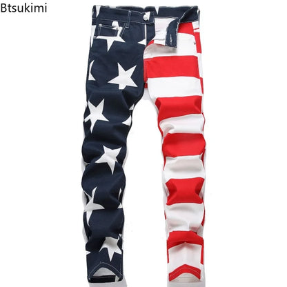 2026 New Fashion Men Clothing Stars Print Jeans Y2K Fancy Color Stretch Cotton Denim Pants Spring Trendy Slim Straight Trousers