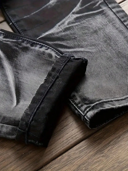 Men's Jeans Black And White Slim Fit Stretch Denim Pants Casual Mid Waist Spring Trousers