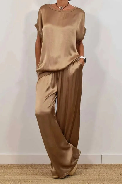 Women's Satin Pants 2 Piece Set Summer Breathe Loose Short Sleeve Top Wide Leg Pants Casual Outfit Office Lady Elagant Set