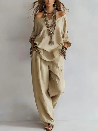 Summer New Casual Loose Linen Women's Two Piece Set Three-quarter Sleeve Off Shoulder Top Wide Leg Pants Suit Women Clothing