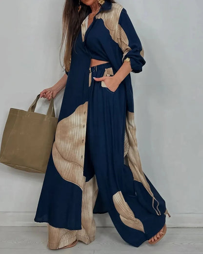 Elegant Lady Set Printed Long Shirt Top Wide Leg Pants 2-piece Outfit Casual Loose Oversized Women Sets Casual Two-piece Outfit