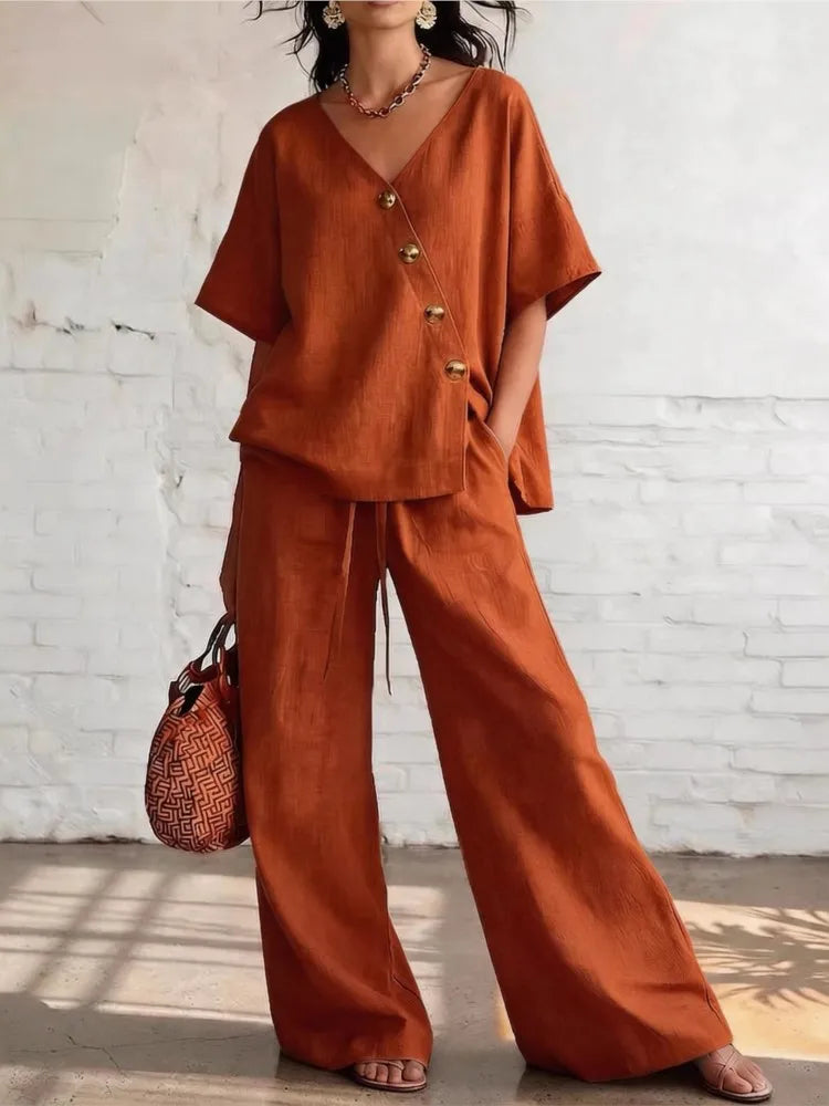 2026 Casual Cotton Loose Pants Sets Women Summer Fashion Short Sleeve V-neck Tops And Wide Leg Pant 2 Piece Set Woman Outfits