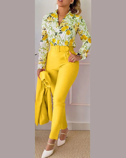 Women Shirt Pants Set Autumn Elegant Fashion V Neck Floral Print Long Sleeve High Waist Office Lady Casual Trousers Suits